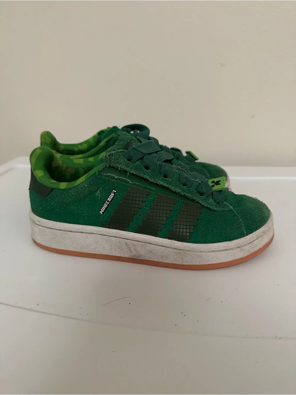 adidas Kids Minecraft Green Suede Sneakers with Black Stripes